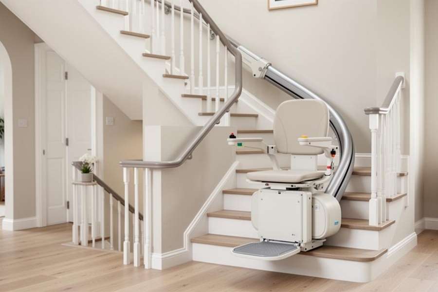 Un monte-escalier tournant installé le long d'un escalier avec des courbes dans une maison élégante.